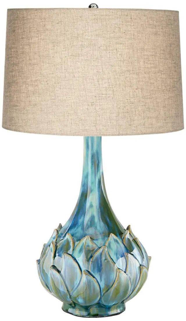 Alt view image 2 of 6 - Kenya Modern Tropical Table Lamp with USB Dimmer 29 1/2" Tall Blue Green Glaze Ceramic Beige Linen Drum Shade for Bedroom Living Room House Home Bedside Nightstand Office Family