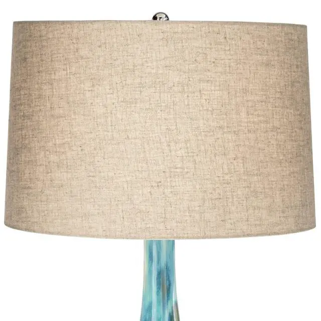 Alt view image 4 of 6 - Kenya Modern Tropical Table Lamp with USB Dimmer 29 1/2" Tall Blue Green Glaze Ceramic Beige Linen Drum Shade for Bedroom Living Room House Home Bedside Nightstand Office Family