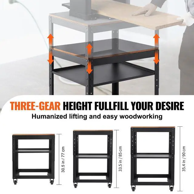 Alt view image 3 of 6 - Thickness Planer Stand, 100 lbs heavy loads, Three-Gear Height Adjustable Thickness Planer Table,with 4 Stable Casters & Storage Space, for most planers, saws, bench-top machines, power tools