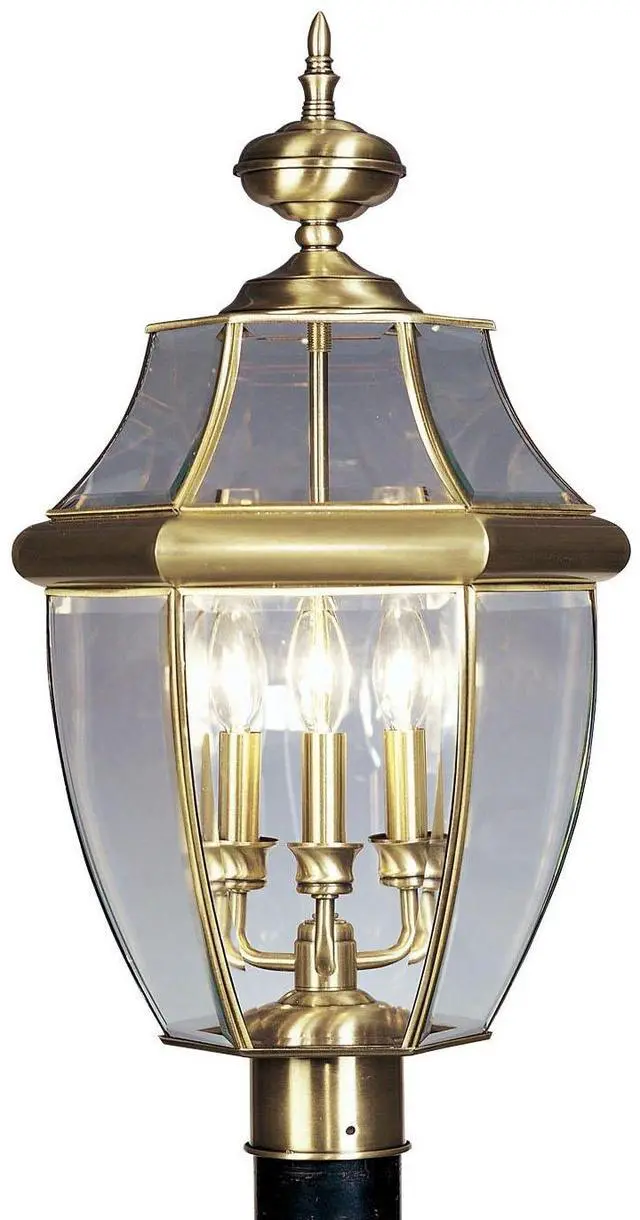 Main image of Lighting 2354-01 Monterey 3 Light Outdoor Antique Brass Finish Solid Brass Post Head with Clear Beveled Glass