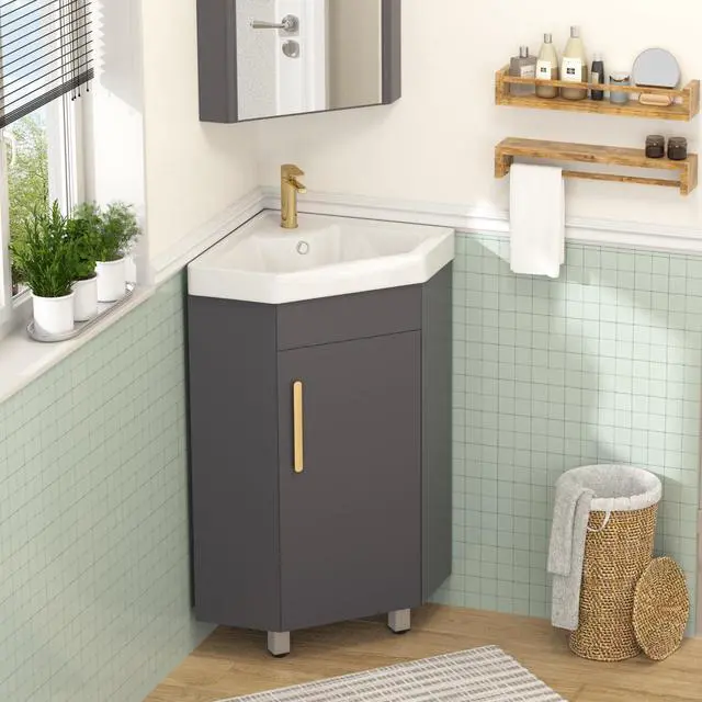 Main image of 24" Corner Bathroom Vanity Sink Combo for Small Space Freestanding Compact Space Bathroom Storage Cabinet with White Ceramic Sink, Adjustable Shelf and Gold Handle, Grey