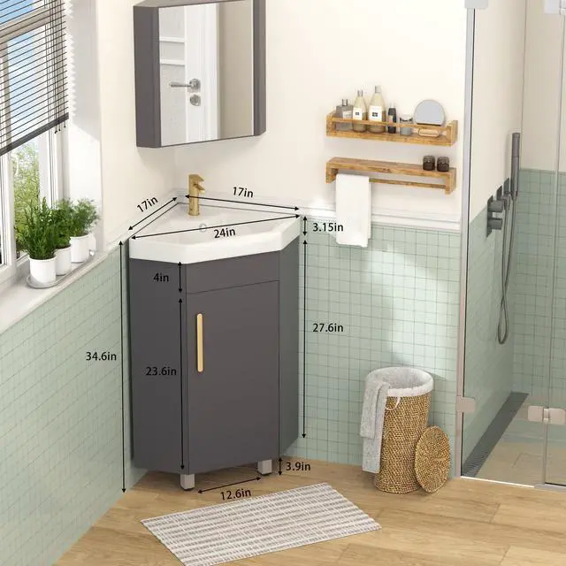 Alt view image 2 of 6 - 24" Corner Bathroom Vanity Sink Combo for Small Space Freestanding Compact Space Bathroom Storage Cabinet with White Ceramic Sink, Adjustable Shelf and Gold Handle, Grey