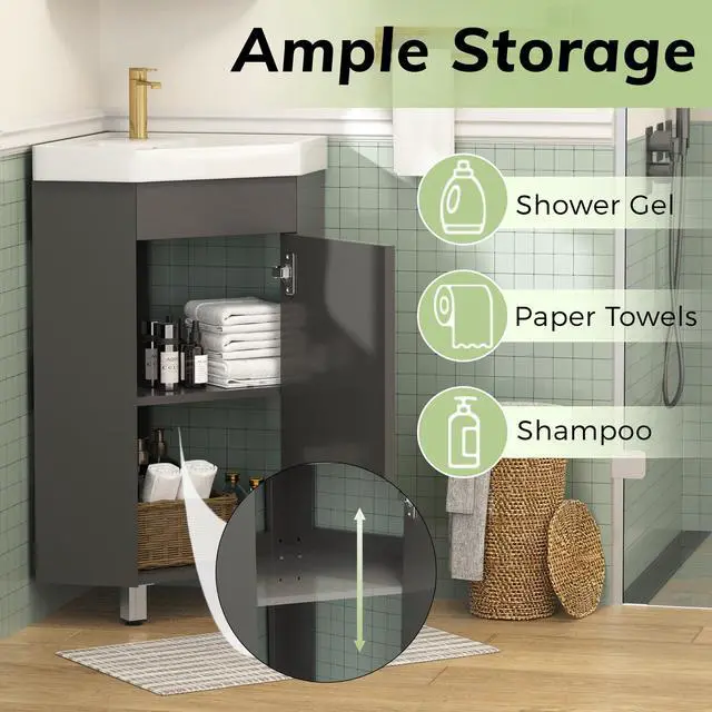 Alt view image 3 of 6 - 24" Corner Bathroom Vanity Sink Combo for Small Space Freestanding Compact Space Bathroom Storage Cabinet with White Ceramic Sink, Adjustable Shelf and Gold Handle, Grey