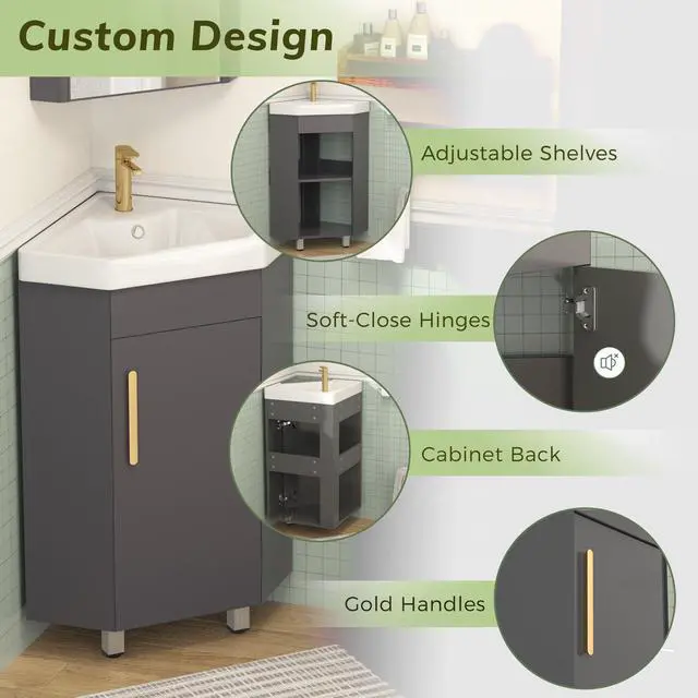 Alt view image 4 of 6 - 24" Corner Bathroom Vanity Sink Combo for Small Space Freestanding Compact Space Bathroom Storage Cabinet with White Ceramic Sink, Adjustable Shelf and Gold Handle, Grey