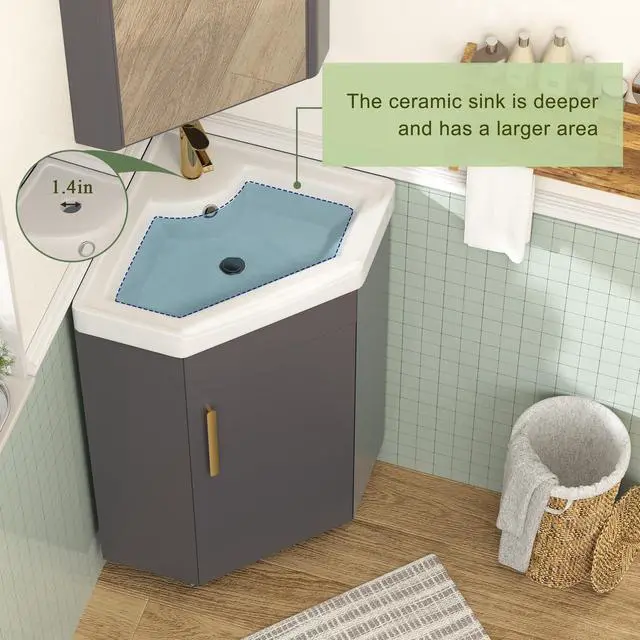 Alt view image 5 of 6 - 24" Corner Bathroom Vanity Sink Combo for Small Space Freestanding Compact Space Bathroom Storage Cabinet with White Ceramic Sink, Adjustable Shelf and Gold Handle, Grey