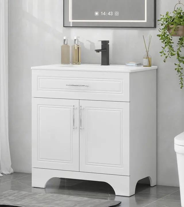 Main image of 30" Bathroom Vanity with Sink Combo, Modern Bathroom Storage Cabinet Set with Tip-Out Drawer and 2 Soft Closing Door, Ceramic Undermount Sink with Faucet and Pop-up Drain Set, White