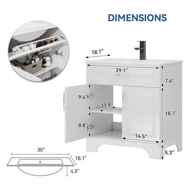 Alt view image 2 of 6 - 30" Bathroom Vanity with Sink Combo, Modern Bathroom Storage Cabinet Set with Tip-Out Drawer and 2 Soft Closing Door, Ceramic Undermount Sink with Faucet and Pop-up Drain Set, White