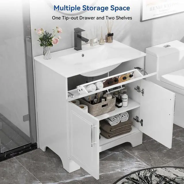 Alt view image 3 of 6 - 30" Bathroom Vanity with Sink Combo, Modern Bathroom Storage Cabinet Set with Tip-Out Drawer and 2 Soft Closing Door, Ceramic Undermount Sink with Faucet and Pop-up Drain Set, White