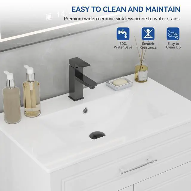 Alt view image 5 of 6 - 30" Bathroom Vanity with Sink Combo, Modern Bathroom Storage Cabinet Set with Tip-Out Drawer and 2 Soft Closing Door, Ceramic Undermount Sink with Faucet and Pop-up Drain Set, White