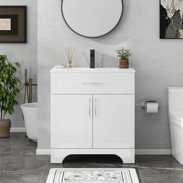 Alt view image 6 of 6 - 30" Bathroom Vanity with Sink Combo, Modern Bathroom Storage Cabinet Set with Tip-Out Drawer and 2 Soft Closing Door, Ceramic Undermount Sink with Faucet and Pop-up Drain Set, White
