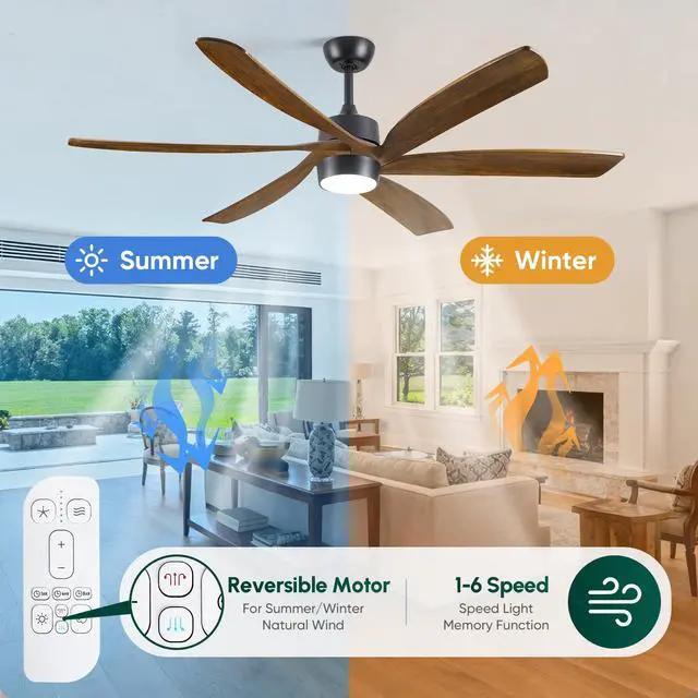 Alt view image 3 of 6 - 60 Inch Outdoor Ceiling Fan with Light and Remote, Damp Rated for Patio Porch, 6 Brown Solid Wood Blades, High CFM Quiet DC Motor, Modern Farmhouse Style for Indoor Living Room Bedroom Exterior Garage