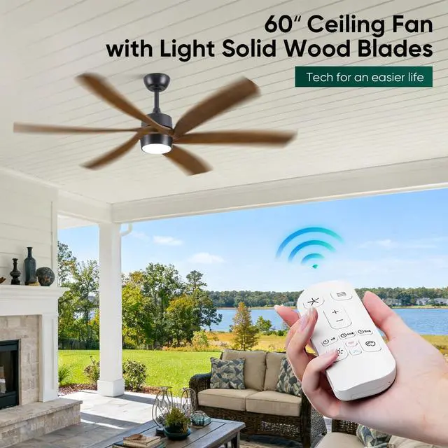 Alt view image 5 of 6 - 60 Inch Outdoor Ceiling Fan with Light and Remote, Damp Rated for Patio Porch, 6 Brown Solid Wood Blades, High CFM Quiet DC Motor, Modern Farmhouse Style for Indoor Living Room Bedroom Exterior Garage