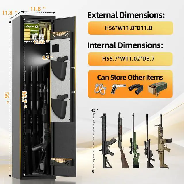 Alt view image 3 of 6 - Biometric Rifle & Pistol Gun Safe, No Assembly, Stores 35 Guns with Adjustable Racks & Removable Shelf, Keypad Lock, LED Light, Quick Access Long Gun Cabinet