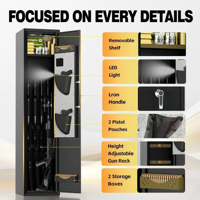 Alt view image 5 of 6 - Biometric Rifle & Pistol Gun Safe, No Assembly, Stores 35 Guns with Adjustable Racks & Removable Shelf, Keypad Lock, LED Light, Quick Access Long Gun Cabinet