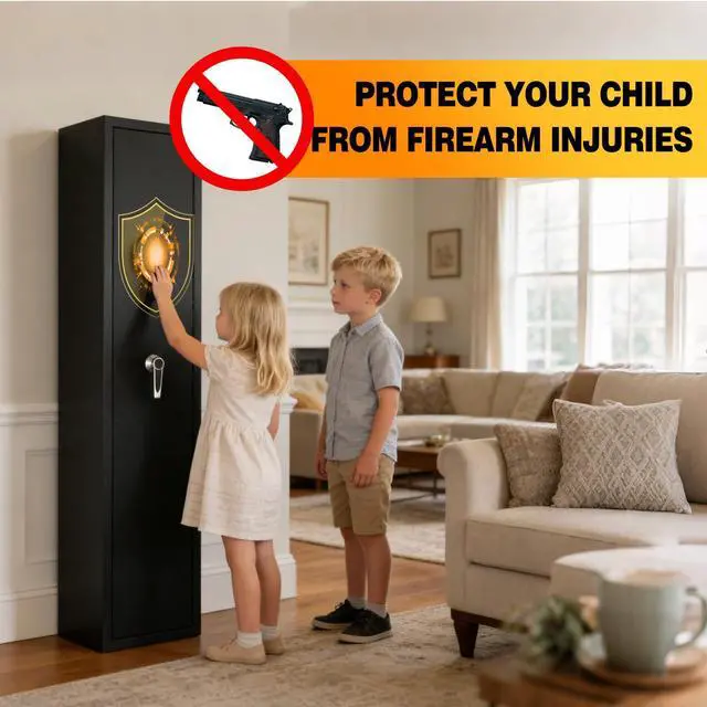 Alt view image 6 of 6 - Biometric Rifle & Pistol Gun Safe, No Assembly, Stores 35 Guns with Adjustable Racks & Removable Shelf, Keypad Lock, LED Light, Quick Access Long Gun Cabinet