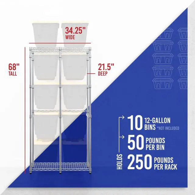 Alt view image 4 of 6 - Bin Storage Rack for 12 Gallon Storage Totes Includes 10 Bins - Garage or Holiday Organization, Declutter, NSF Certified, Zinc Plated, Heavy Duty Steel, 21.5"x34.25"x68"