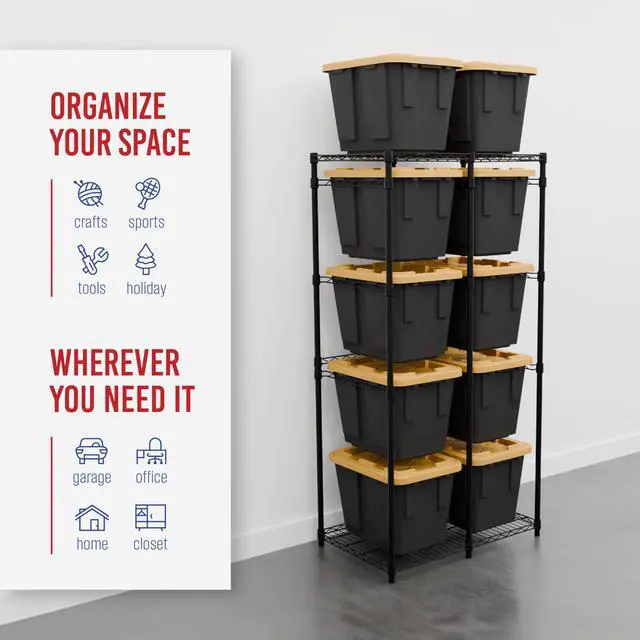 Alt view image 3 of 6 - Bin Storage Rack for 12 Gallon Storage Totes Includes 10 Bins - Garage or Holiday Decoration Organization, NSF Certified, Heavy Duty Steel 21.5"x34.25"x68" (Black)