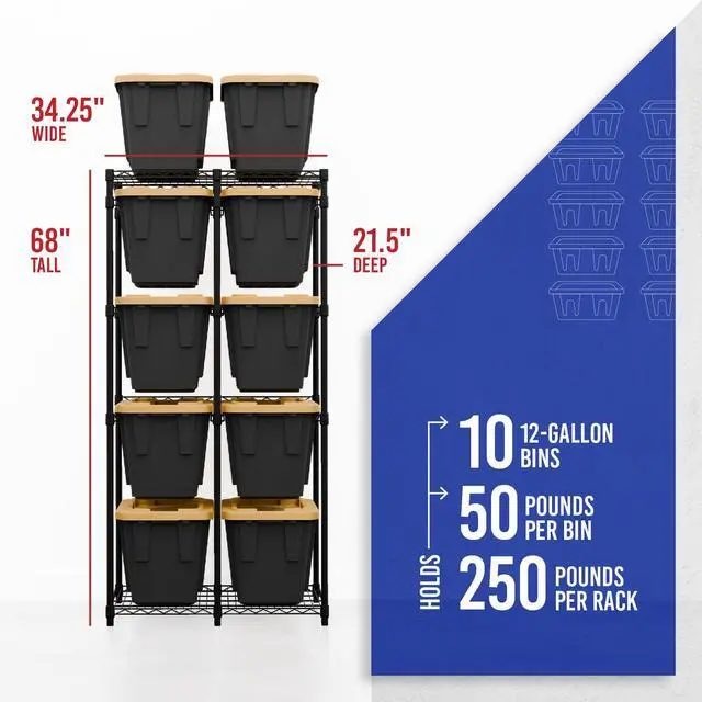 Alt view image 4 of 6 - Bin Storage Rack for 12 Gallon Storage Totes Includes 10 Bins - Garage or Holiday Decoration Organization, NSF Certified, Heavy Duty Steel 21.5"x34.25"x68" (Black)