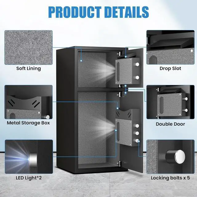 Alt view image 5 of 6 - 6.0 Cu ft Large Safe Box Fireproof Waterproof with LED Light Fire Proof Safe for Home Documents,Fingerprint Password Personal Safes with Deposit Slot & Dual Alarm System, Security Box for Valuables