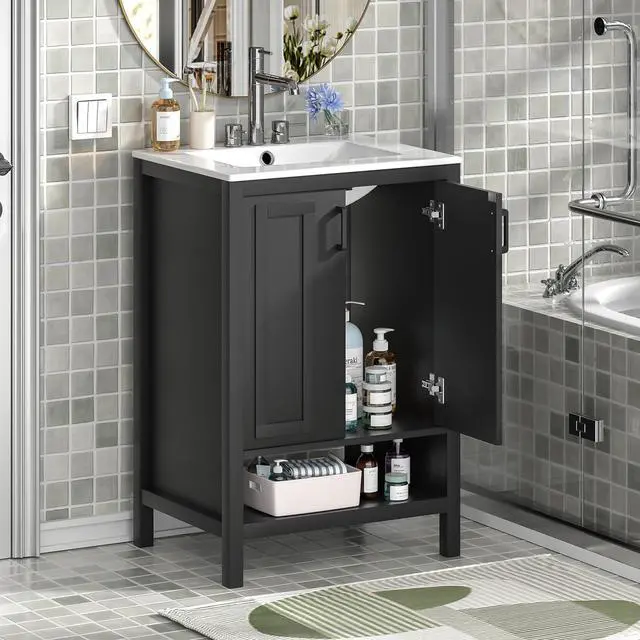 Main image of 24" Bathroom Vanity with Ceramic Sink, Modern Black Bathroom Sink Set with 2 Doors and Open Shelf, Space-Saving Sink Cabinet for Small Bathrooms (Faucet Not Included)