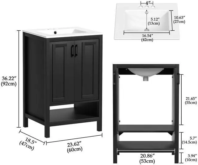 Alt view image 2 of 6 - 24" Bathroom Vanity with Ceramic Sink, Modern Black Bathroom Sink Set with 2 Doors and Open Shelf, Space-Saving Sink Cabinet for Small Bathrooms (Faucet Not Included)