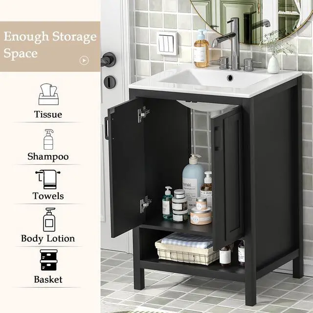 Alt view image 3 of 6 - 24" Bathroom Vanity with Ceramic Sink, Modern Black Bathroom Sink Set with 2 Doors and Open Shelf, Space-Saving Sink Cabinet for Small Bathrooms (Faucet Not Included)