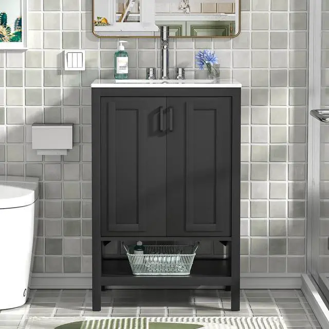 Alt view image 6 of 6 - 24" Bathroom Vanity with Ceramic Sink, Modern Black Bathroom Sink Set with 2 Doors and Open Shelf, Space-Saving Sink Cabinet for Small Bathrooms (Faucet Not Included)
