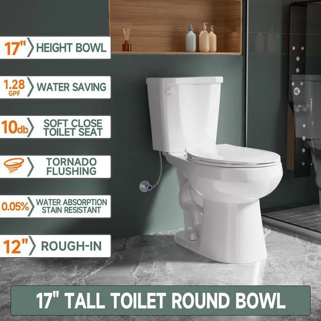 Alt view image 2 of 6 - Compact 17 Inch Chair High White Toilet for Small Bathroom | Powerful Tornado Flush Single Flush 1.28 GPF, Comfort ADA Bowl Heigh 16.75 Tall Toilet for Seniors,Two Piece 12 Rough In