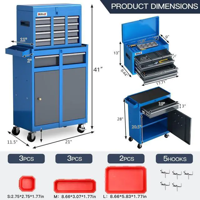 Alt view image 2 of 6 - AIRAJ 7-Drawer Tool Chest with Wheels,41" Heavy Duty Rolling Tool Chest,Detachable Top Tool Box,Tool Cabinet with Liners,Hooks,Tray Divider,Rolling Tool Chest for Workshop,Warehouse