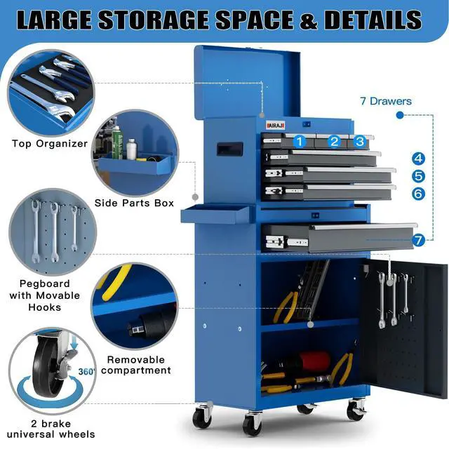 Alt view image 3 of 6 - AIRAJ 7-Drawer Tool Chest with Wheels,41" Heavy Duty Rolling Tool Chest,Detachable Top Tool Box,Tool Cabinet with Liners,Hooks,Tray Divider,Rolling Tool Chest for Workshop,Warehouse