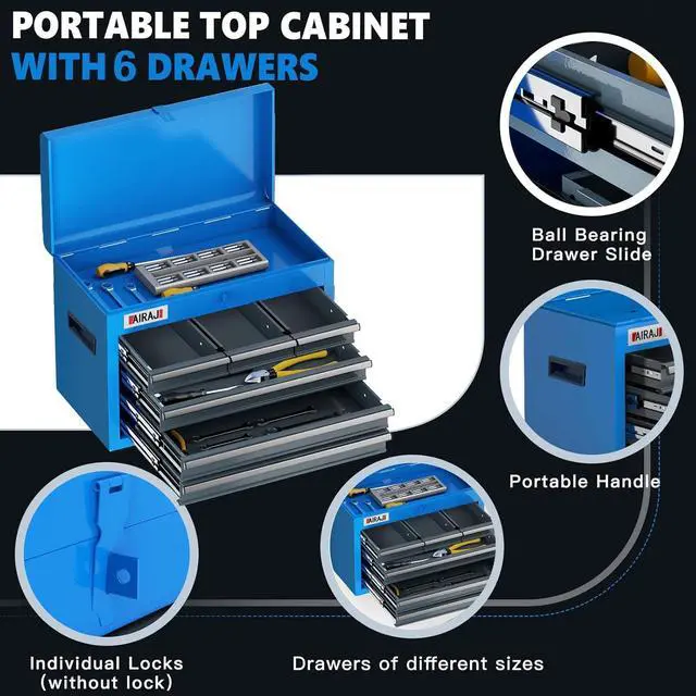 Alt view image 4 of 6 - AIRAJ 7-Drawer Tool Chest with Wheels,41" Heavy Duty Rolling Tool Chest,Detachable Top Tool Box,Tool Cabinet with Liners,Hooks,Tray Divider,Rolling Tool Chest for Workshop,Warehouse