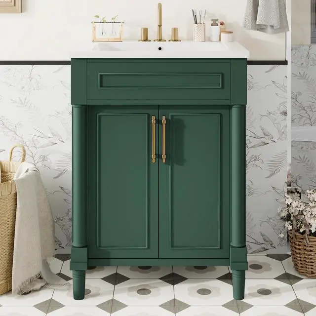 Main image of 24 Inch Green Bathroom Vanity with Sink,Vintage Bathroom Vanity with Adjustable Shelf & Storage Cabinet,2 Soft Closing Doors with Gold Handles,Solid Pine Wood Frame