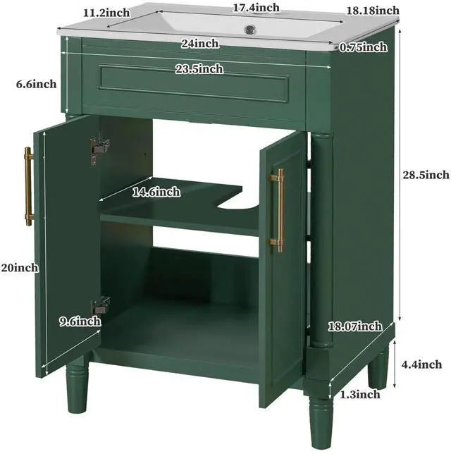 Alt view image 2 of 6 - 24 Inch Green Bathroom Vanity with Sink,Vintage Bathroom Vanity with Adjustable Shelf & Storage Cabinet,2 Soft Closing Doors with Gold Handles,Solid Pine Wood Frame