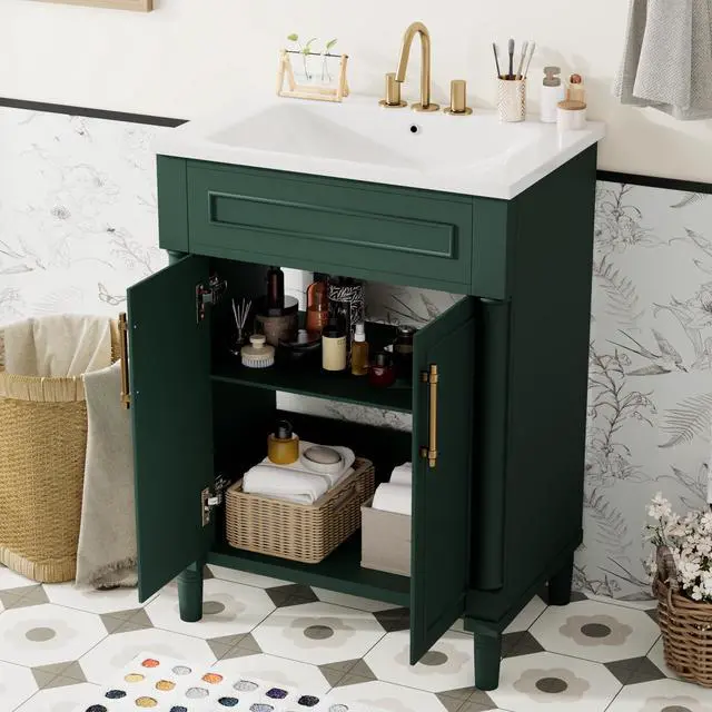 Alt view image 3 of 6 - 24 Inch Green Bathroom Vanity with Sink,Vintage Bathroom Vanity with Adjustable Shelf & Storage Cabinet,2 Soft Closing Doors with Gold Handles,Solid Pine Wood Frame