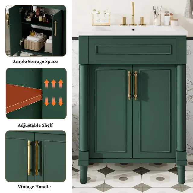 Alt view image 4 of 6 - 24 Inch Green Bathroom Vanity with Sink,Vintage Bathroom Vanity with Adjustable Shelf & Storage Cabinet,2 Soft Closing Doors with Gold Handles,Solid Pine Wood Frame
