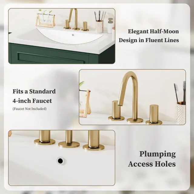 Alt view image 5 of 6 - 24 Inch Green Bathroom Vanity with Sink,Vintage Bathroom Vanity with Adjustable Shelf & Storage Cabinet,2 Soft Closing Doors with Gold Handles,Solid Pine Wood Frame