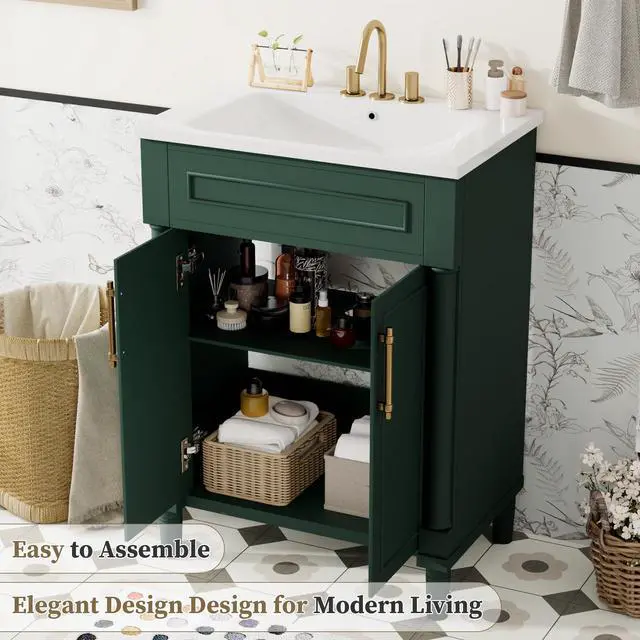 Alt view image 6 of 6 - 24 Inch Green Bathroom Vanity with Sink,Vintage Bathroom Vanity with Adjustable Shelf & Storage Cabinet,2 Soft Closing Doors with Gold Handles,Solid Pine Wood Frame