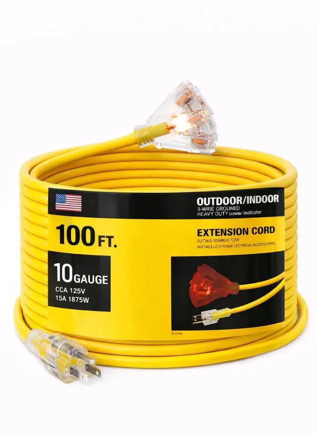 Main image of 100 ft 10/3 Extension Cord, 10 Gauge Heavy Duty SJTW Outdoor, Lighted End, 3-Prong Contractor Grade