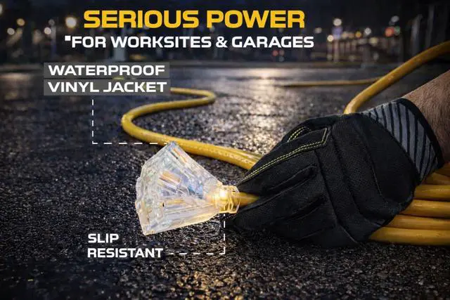 Alt view image 2 of 4 - 100 ft 10/3 Extension Cord, 10 Gauge Heavy Duty SJTW Outdoor, Lighted End, 3-Prong Contractor Grade