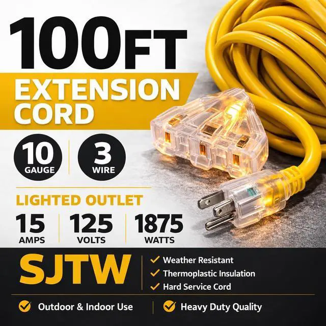 Alt view image 4 of 4 - 100 ft 10/3 Extension Cord, 10 Gauge Heavy Duty SJTW Outdoor, Lighted End, 3-Prong Contractor Grade