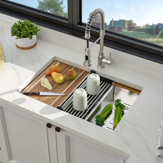 Alt view image 2 of 6 - 28 Inch Kitchen Sink Undermount - 28x19 Kitchen Sink 304 Stainless Steel Undermount Sinks Ledge Workstation 16 Gauge Single Bowl Under Counter Handmade Kitchen Sinks Basin