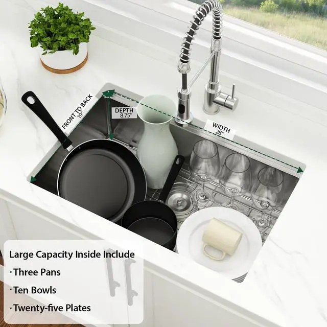 Alt view image 3 of 6 - 28 Inch Kitchen Sink Undermount - 28x19 Kitchen Sink 304 Stainless Steel Undermount Sinks Ledge Workstation 16 Gauge Single Bowl Under Counter Handmade Kitchen Sinks Basin