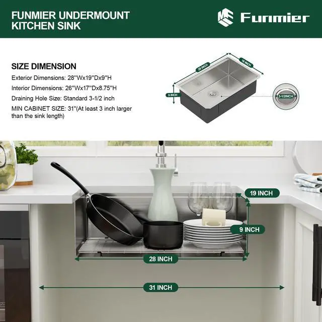 Alt view image 5 of 6 - 28 Inch Kitchen Sink Undermount - 28x19 Kitchen Sink 304 Stainless Steel Undermount Sinks Ledge Workstation 16 Gauge Single Bowl Under Counter Handmade Kitchen Sinks Basin