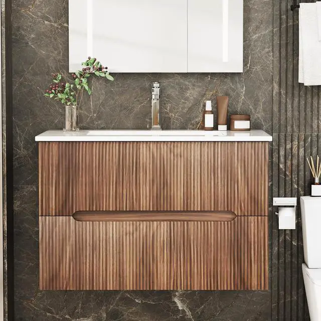 Main image of 30 Inch Bathroom Vanity with Sink, Floating Bathroom Vanity with Ceramic Basin, Wall Mounted Bathroom Sink Cabinet Set with 2 Soft-Close Drawers, Faucet & Pop Up Drain, Walnut