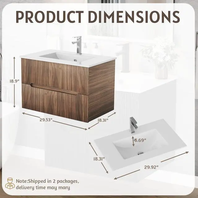 Alt view image 2 of 6 - 30 Inch Bathroom Vanity with Sink, Floating Bathroom Vanity with Ceramic Basin, Wall Mounted Bathroom Sink Cabinet Set with 2 Soft-Close Drawers, Faucet & Pop Up Drain, Walnut
