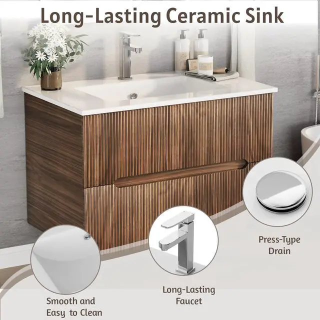 Alt view image 4 of 6 - 30 Inch Bathroom Vanity with Sink, Floating Bathroom Vanity with Ceramic Basin, Wall Mounted Bathroom Sink Cabinet Set with 2 Soft-Close Drawers, Faucet & Pop Up Drain, Walnut
