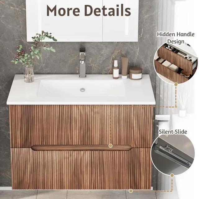 Alt view image 6 of 6 - 30 Inch Bathroom Vanity with Sink, Floating Bathroom Vanity with Ceramic Basin, Wall Mounted Bathroom Sink Cabinet Set with 2 Soft-Close Drawers, Faucet & Pop Up Drain, Walnut