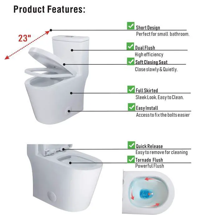 Alt view image 4 of 5 - WZ5089WB Small Toilet One Piece Deisgn With Black Push Button Dual Flush,23 inch Length for Tiny Bathroom,White