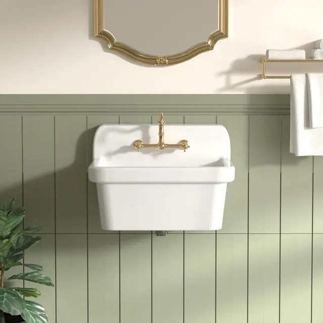 Main image of 24 Inch Wall-Mounted Ceramic Utility Sink, White Farmhouse Sink for Laundry, Bathroom, Kitchen, Garage Durable High Back Design