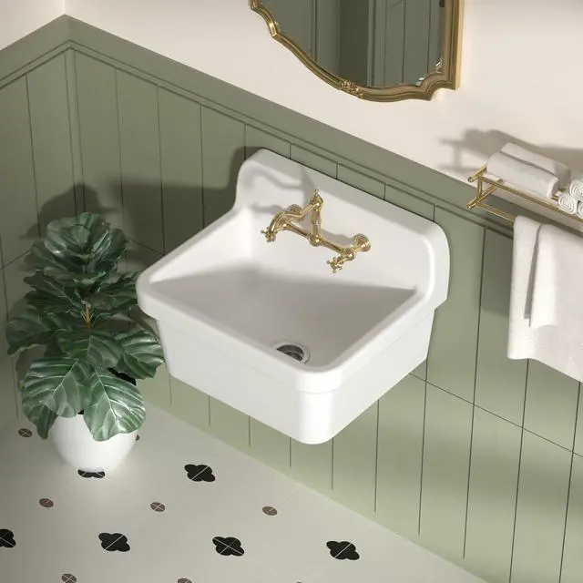 Alt view image 2 of 6 - 24 Inch Wall-Mounted Ceramic Utility Sink, White Farmhouse Sink for Laundry, Bathroom, Kitchen, Garage Durable High Back Design